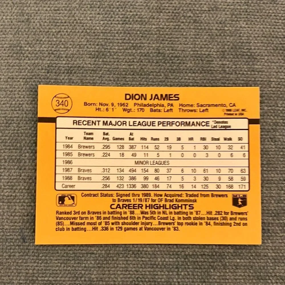 1989 Donruss Atlanta Braves Baseball Card Trading Card